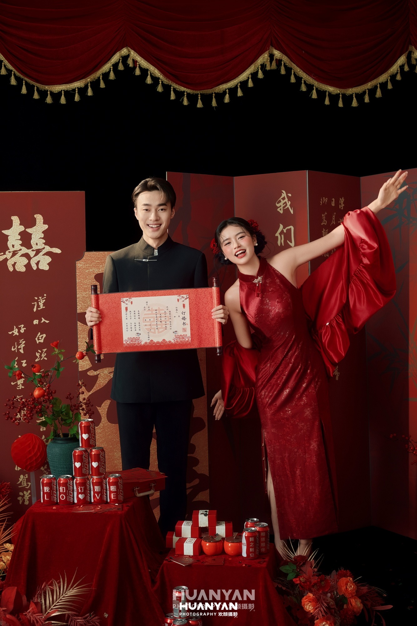 红幕定情：新中式婚纱照室内影棚实拍